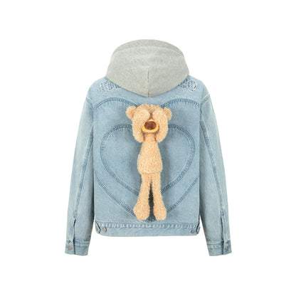 13De Marzo Heart Bear Hooded Denim Jacket