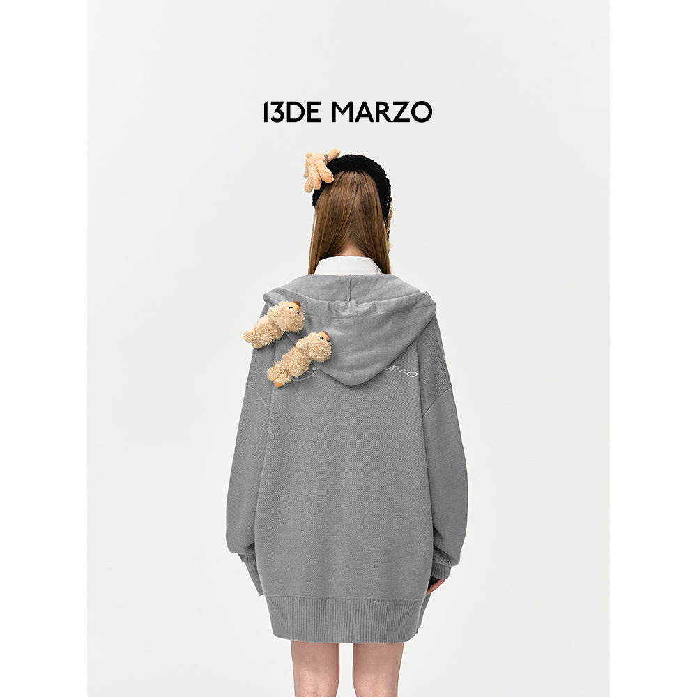 13De Marzo Bear Button Knit Hooded Cardigan