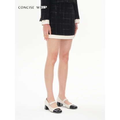 Concise-White Plaid Patchwork Woolen Tweed Skirt Black