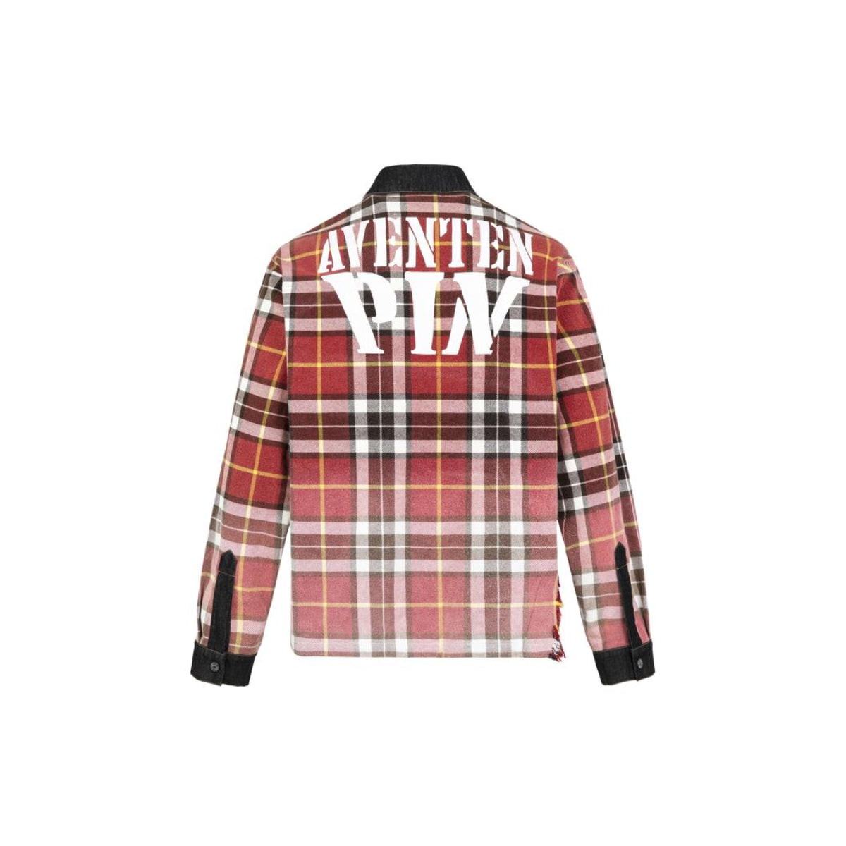 Aventen Pin Color Blocked Plaid Denim Shirt Red