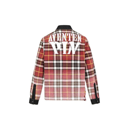 Aventen Pin Color Blocked Plaid Denim Shirt Red