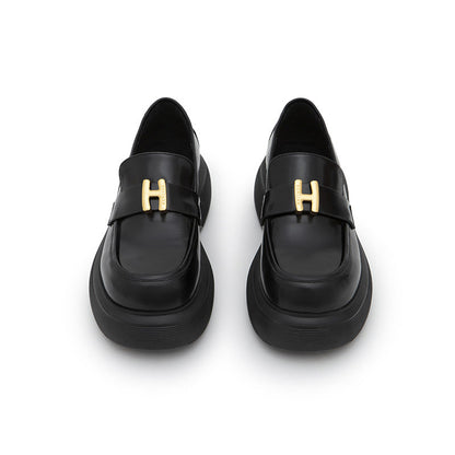 Herlian Logo Buckle Thick Sole Leather Loafer Black