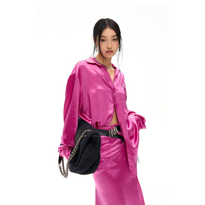 NotAwear Logo Embroidery Oversize Ripple Satin Shirt Rose Red