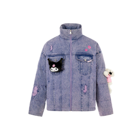 13De Marzo X Kuromi Bear Washed Denim Down Jacket Purple