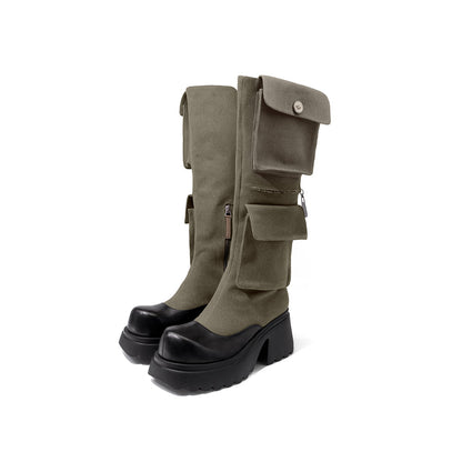 Prespel Multi Pockets Canvas Cargo Boots Sand