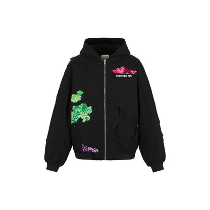 Aventen Pin Destroyed Paisley Zip Up Jacket Black