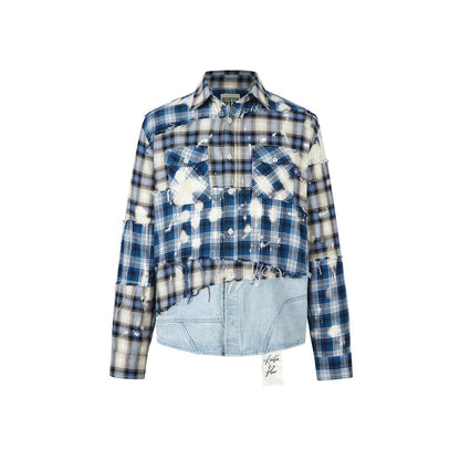 Aventen Pin Denim Bottom Plaid Shirt Blue