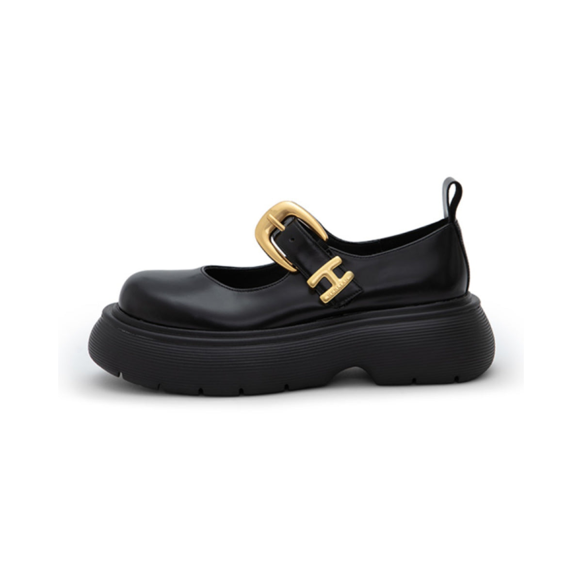 Herlian Logo Buckle Thick Sole Leather Mary Jane Black