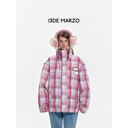 13De Marzo Plush Bear Classic Plaid Down Jacket Pink