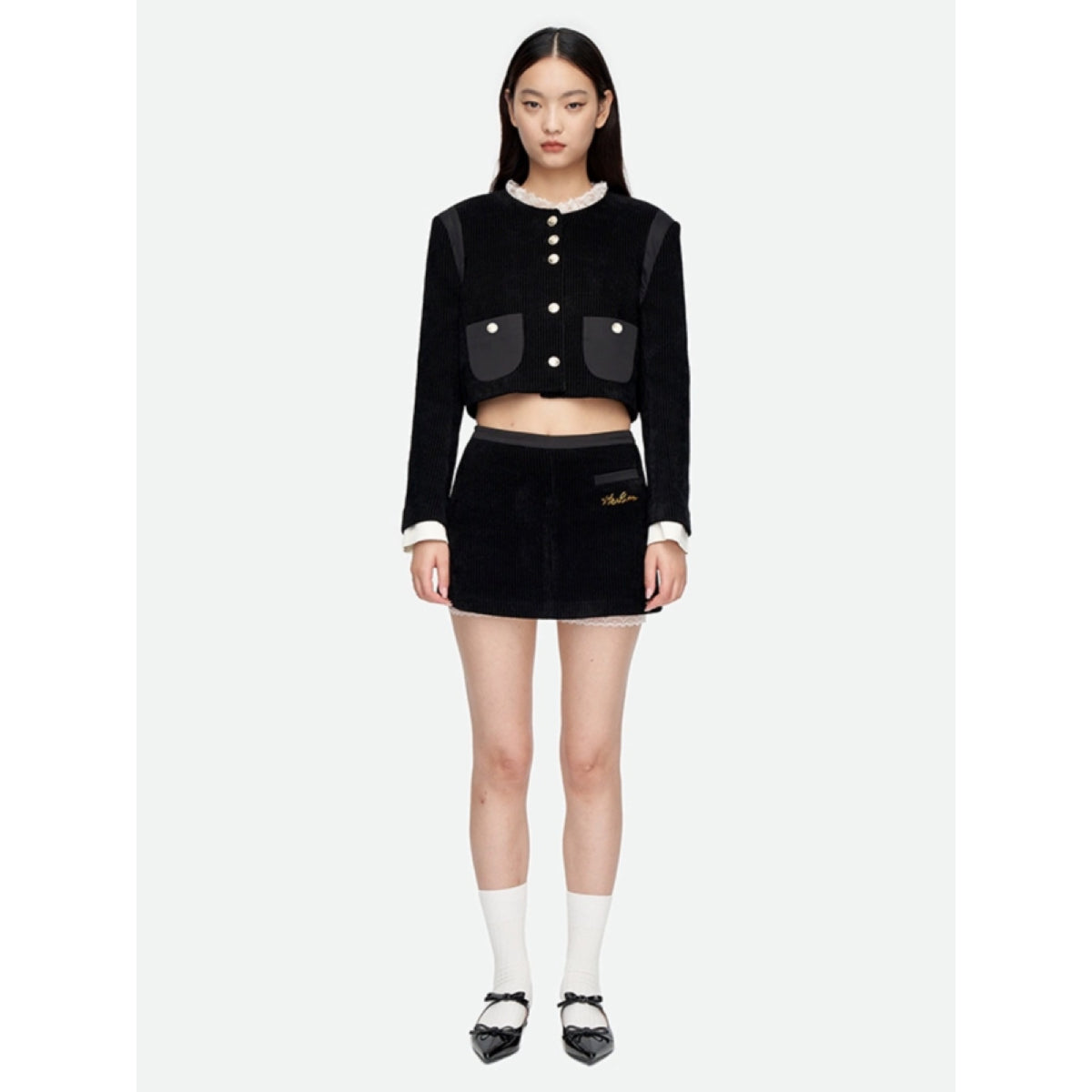 Herlian Embroidery Logo Corduroy Skirt Shorts Black