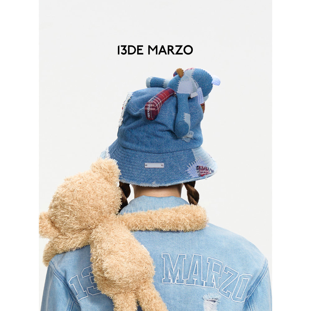 13De Marzo Plaid Patch Denim Bucket Hat Blue