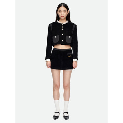 Herlian Lace Collar Corduroy Short Coat Black