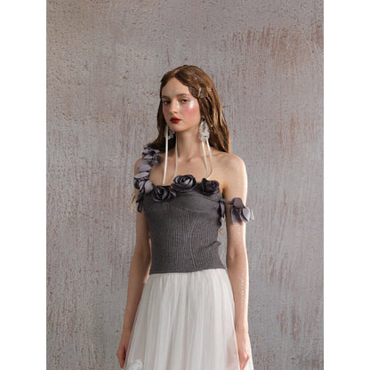 Arte Pura One Shoulder Knitted Floral Top Grey