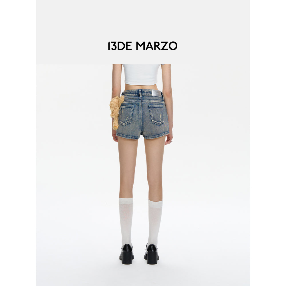 13De Marzo Plush Bear Retro Logo Chain Denim Shorts Blue