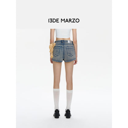 13De Marzo Plush Bear Retro Logo Chain Denim Shorts Blue