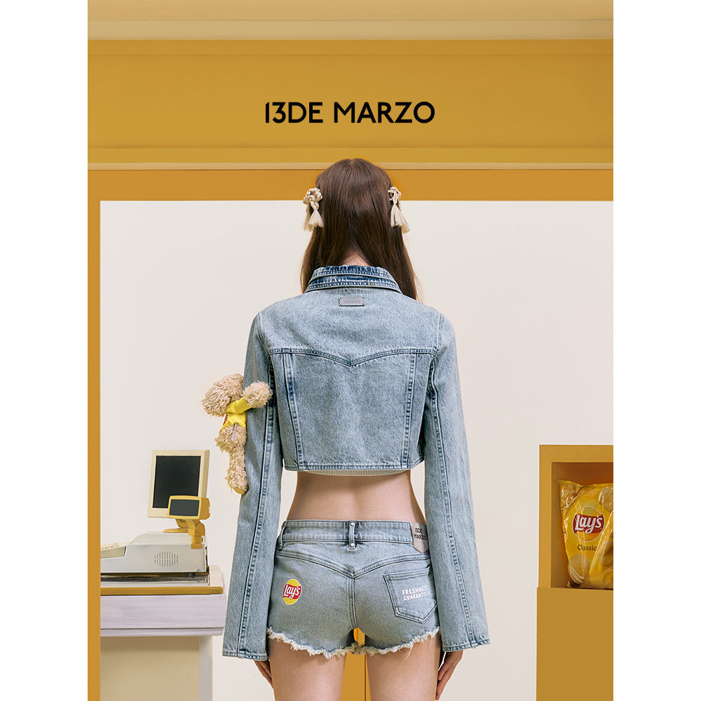 13De Marzo X Lay's Bear Washed Short Denim Jacket Blue