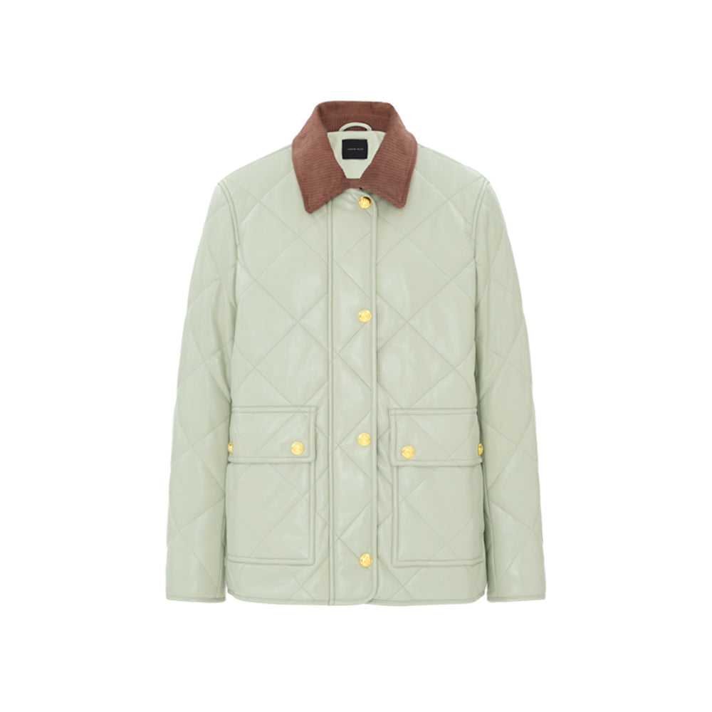 Concise-White PU Leather Puff Jacket Light Green