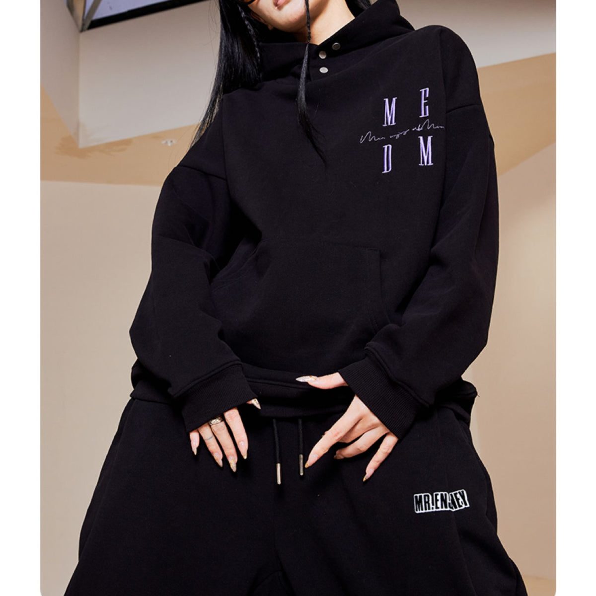 MEDM Embroidery Purple Logo Basic Hoodie Black