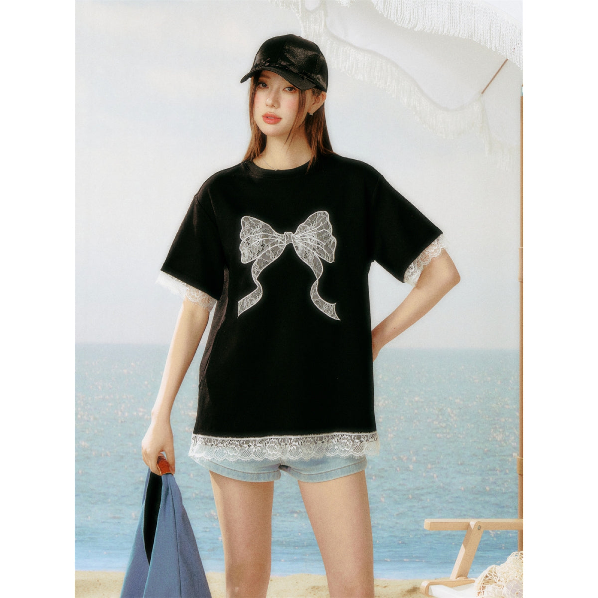 AsGony Lace Patchwork Bow Tie T-Shirt Black