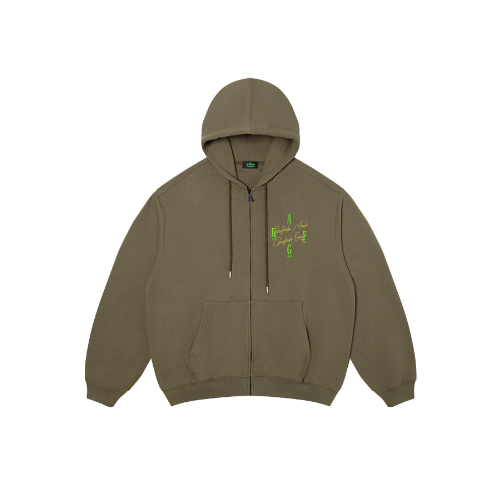 AFGK Basic Embroidery Logo Zip Up Hoodie Olive