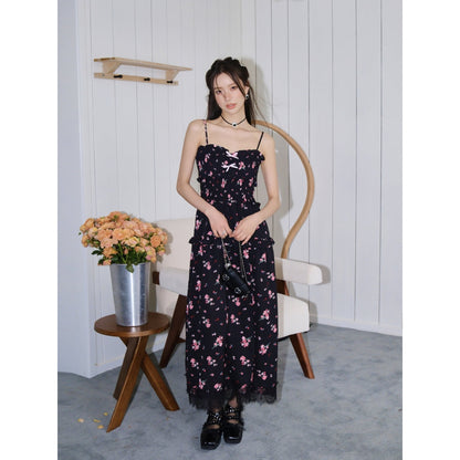 AsGony Floral Suspender Long Dress Black