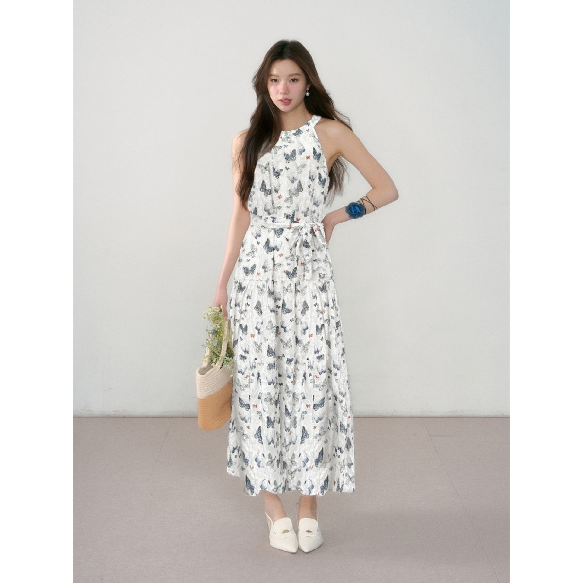 AsGony Butterfly Floral Halterneck Long Dress Cream