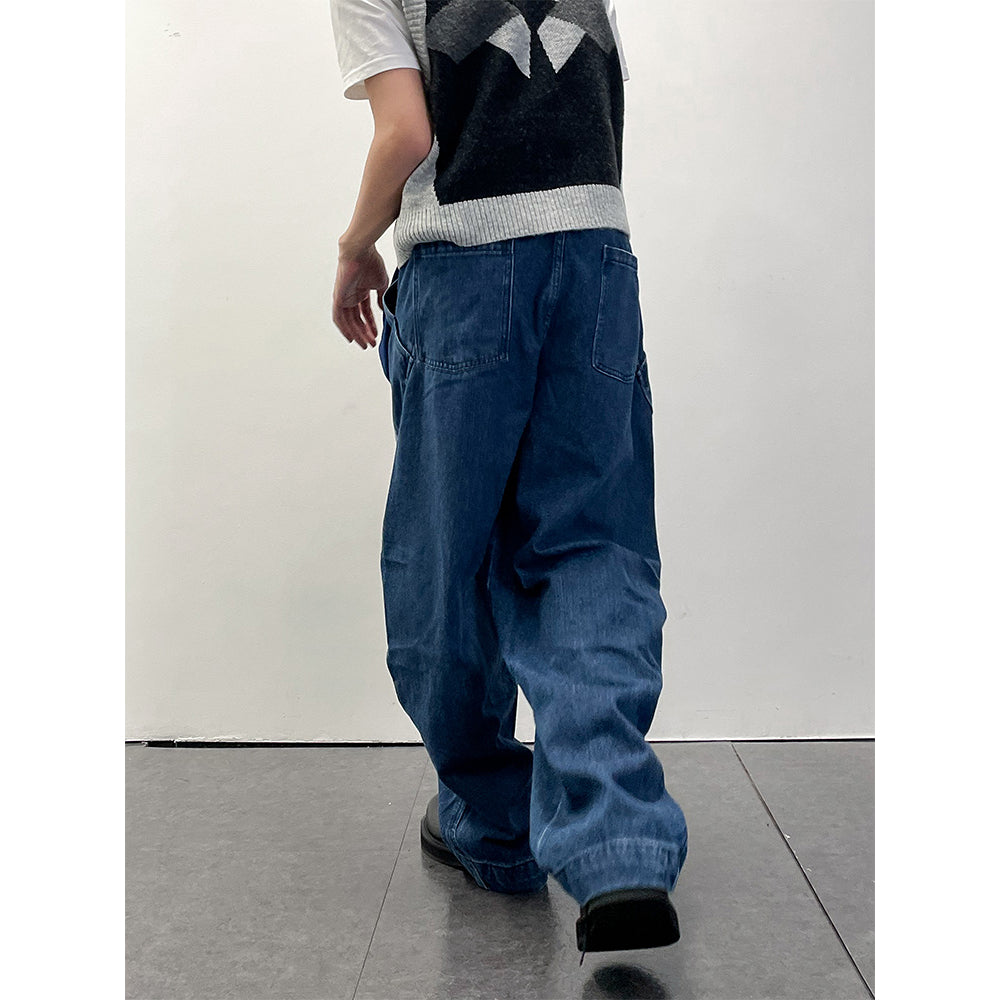 Roaringwild Knee Pleated Denim Pants Blue