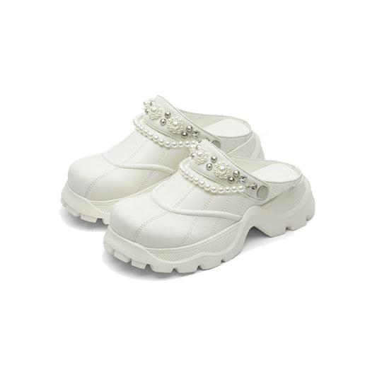 SugarSu Pearl Chain Decorated Tip-Tilt Clog Mules White