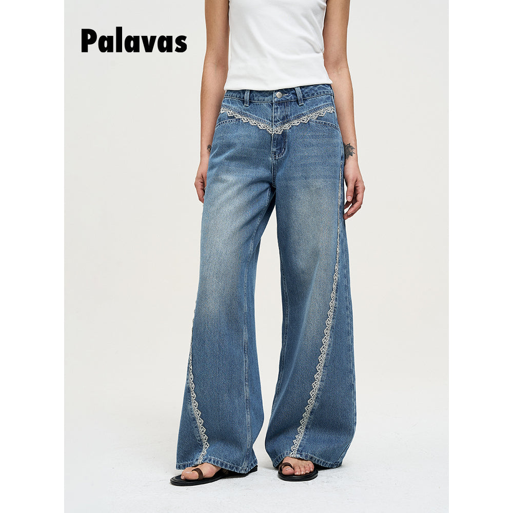 Palavas Lace Edge Relaxed Fit Loose Denim Pants