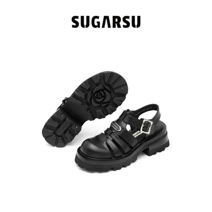 SugarSu Vintage Platform Thick-Soled Roman Sandals Black