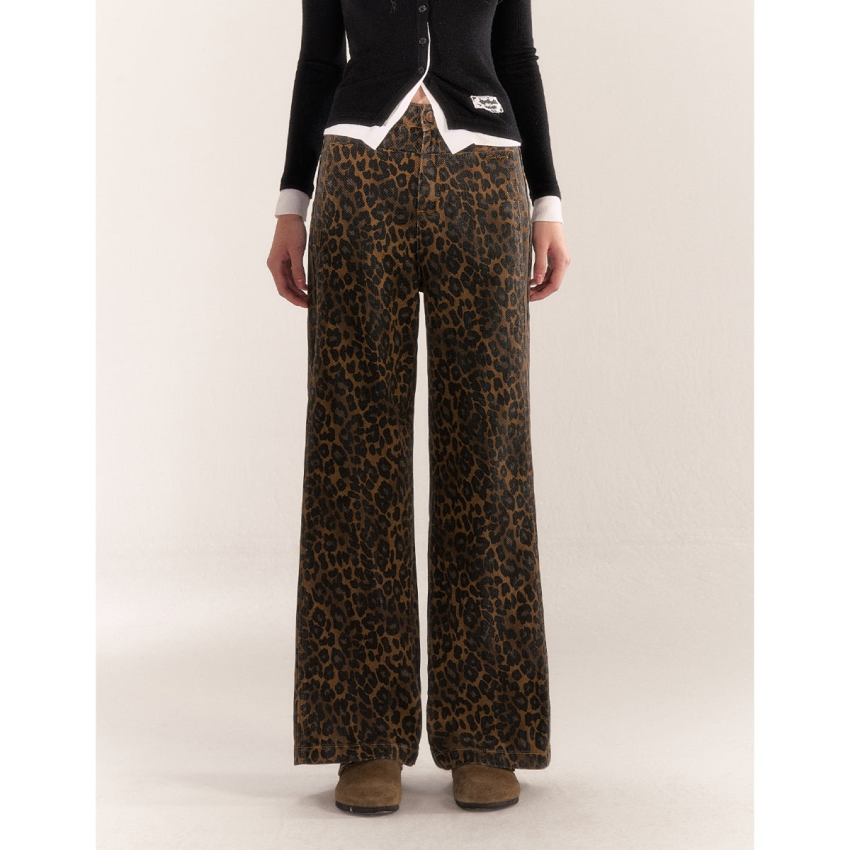 AsGony Retro Leopard High Waist Wide-Leg Pants