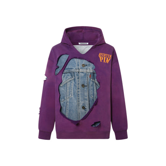 Aventen Pin DIY Tearing Denim Inside Hoodie Purple