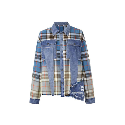 Aventen Pin Color Blocked Plaid Denim Shirt Blue