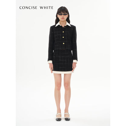 Concise-White Plaid Patchwork Woolen Tweed Coat Black