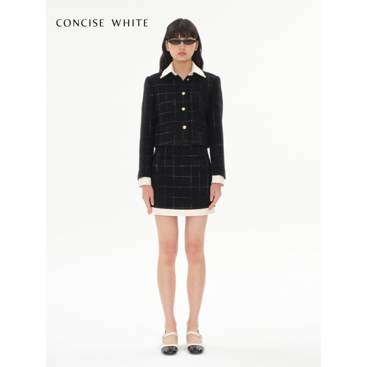 Concise-White Plaid Patchwork Woolen Tweed Skirt Black