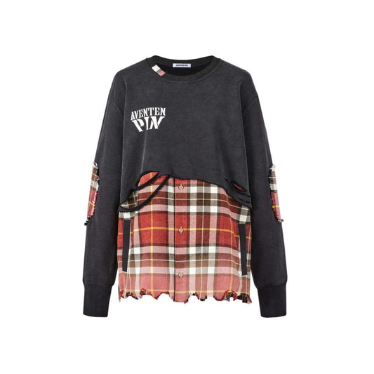 Aventen Pin Patchwork Plaid Broken Sweater Black