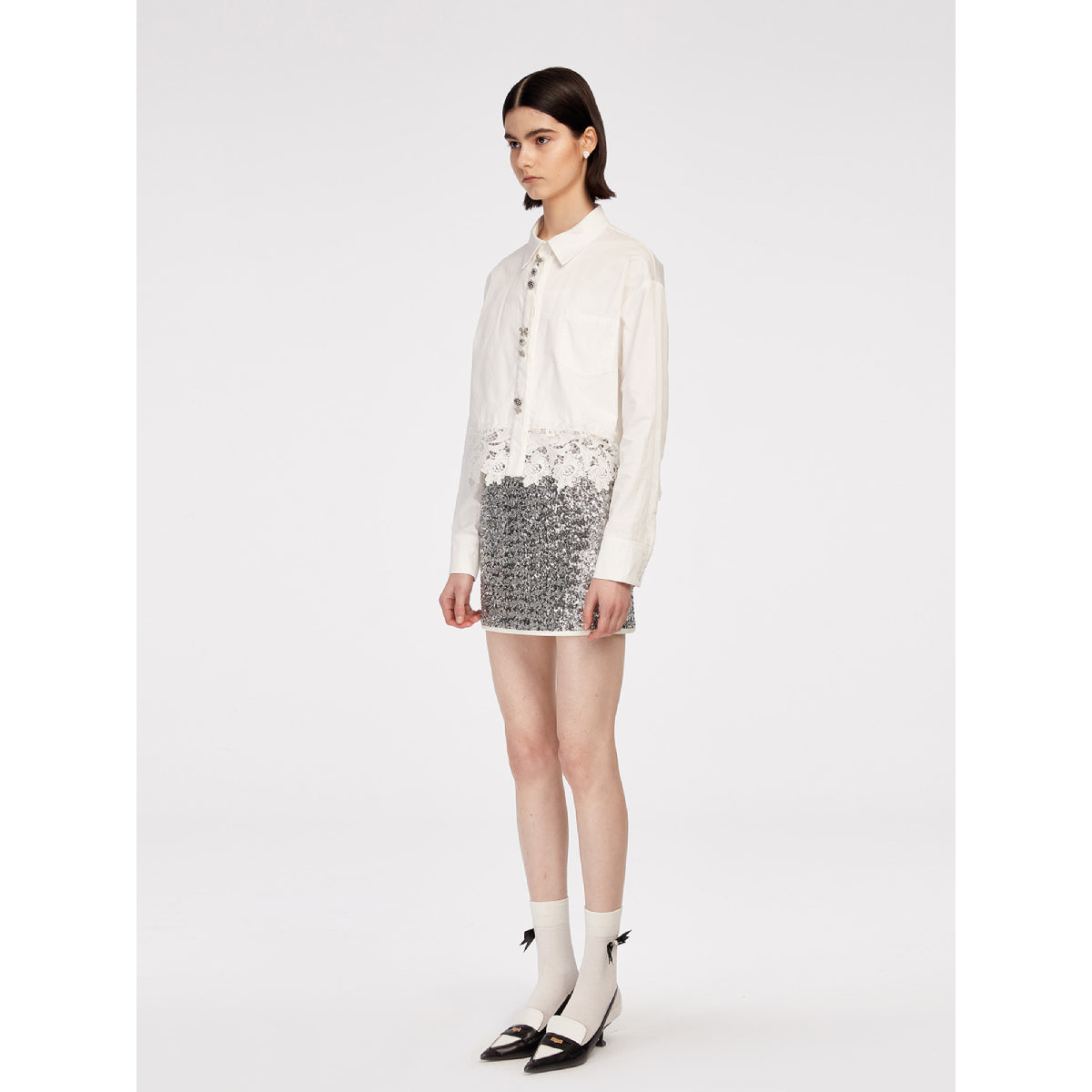 Herlian Lace Edge Embellished Shirt White