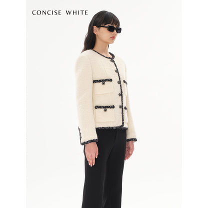 Concise-White Color Blocked Tweed Coat White