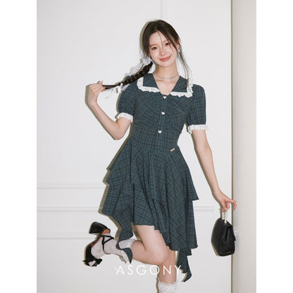 AsGony French Tail Plaid Irregular Dress