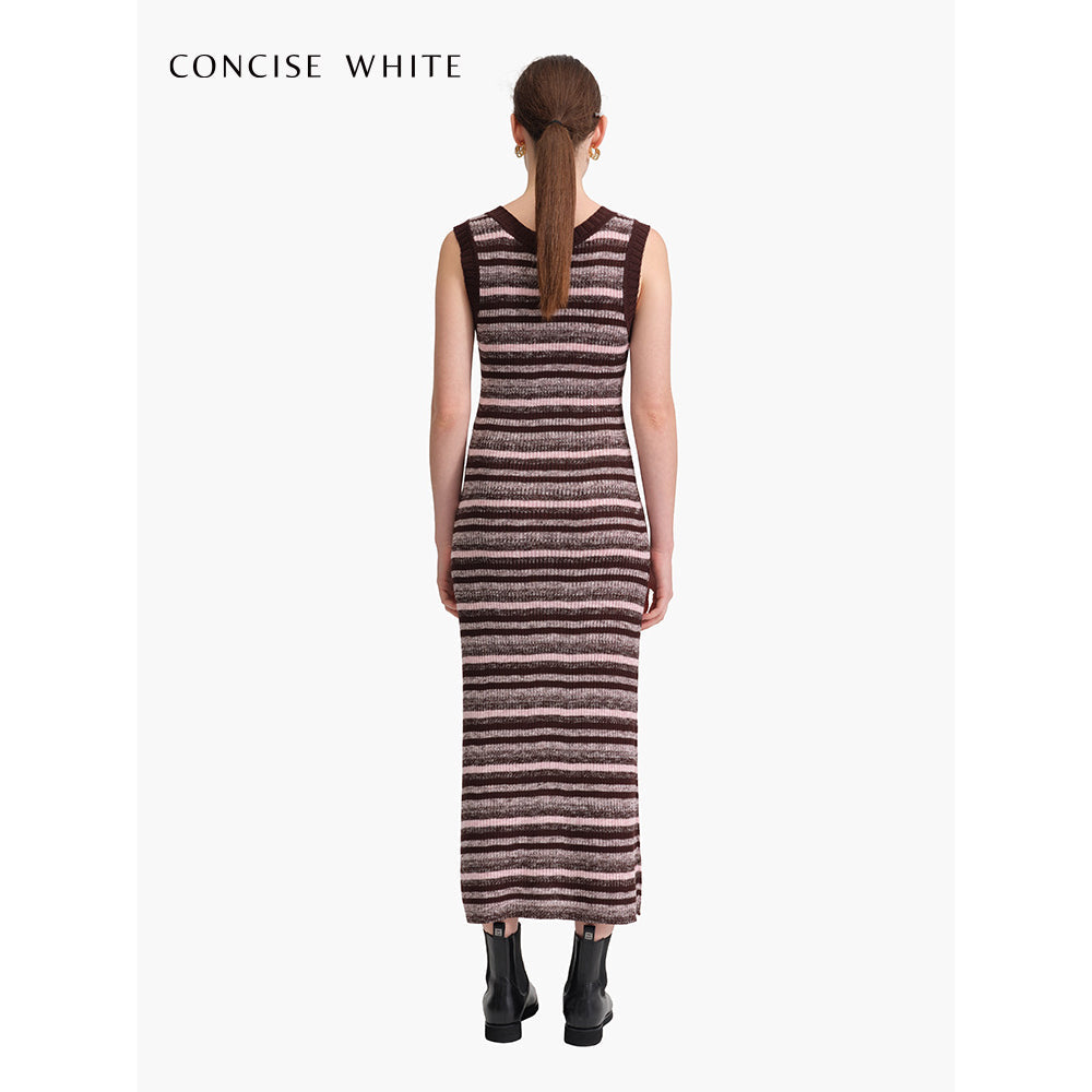 Concise-White Color Striped Knitted Long Dress