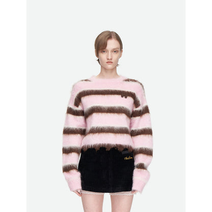 Herlian Raw Edge Striped Mohair Knit Sweater Pink