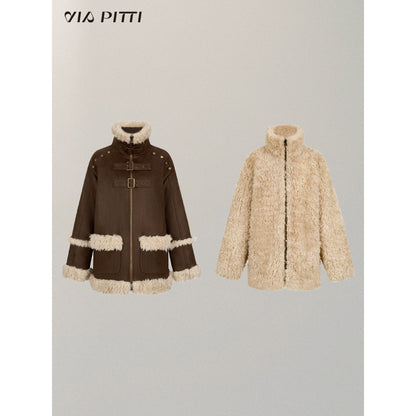 Via Pitti Fluffy Patchwork Reversible Suede Jacket Brown