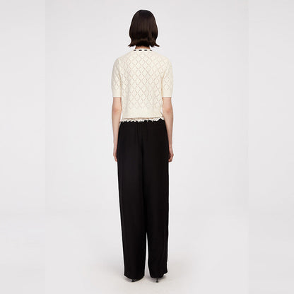 Herlian Lace-Trimmed Waistband Wide-Leg Pants Black