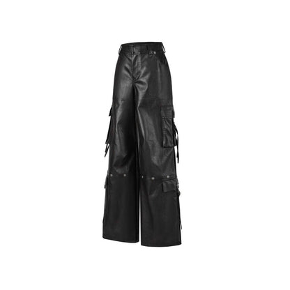 Weird Market Multi Pockets Leather Cargo Pants Black