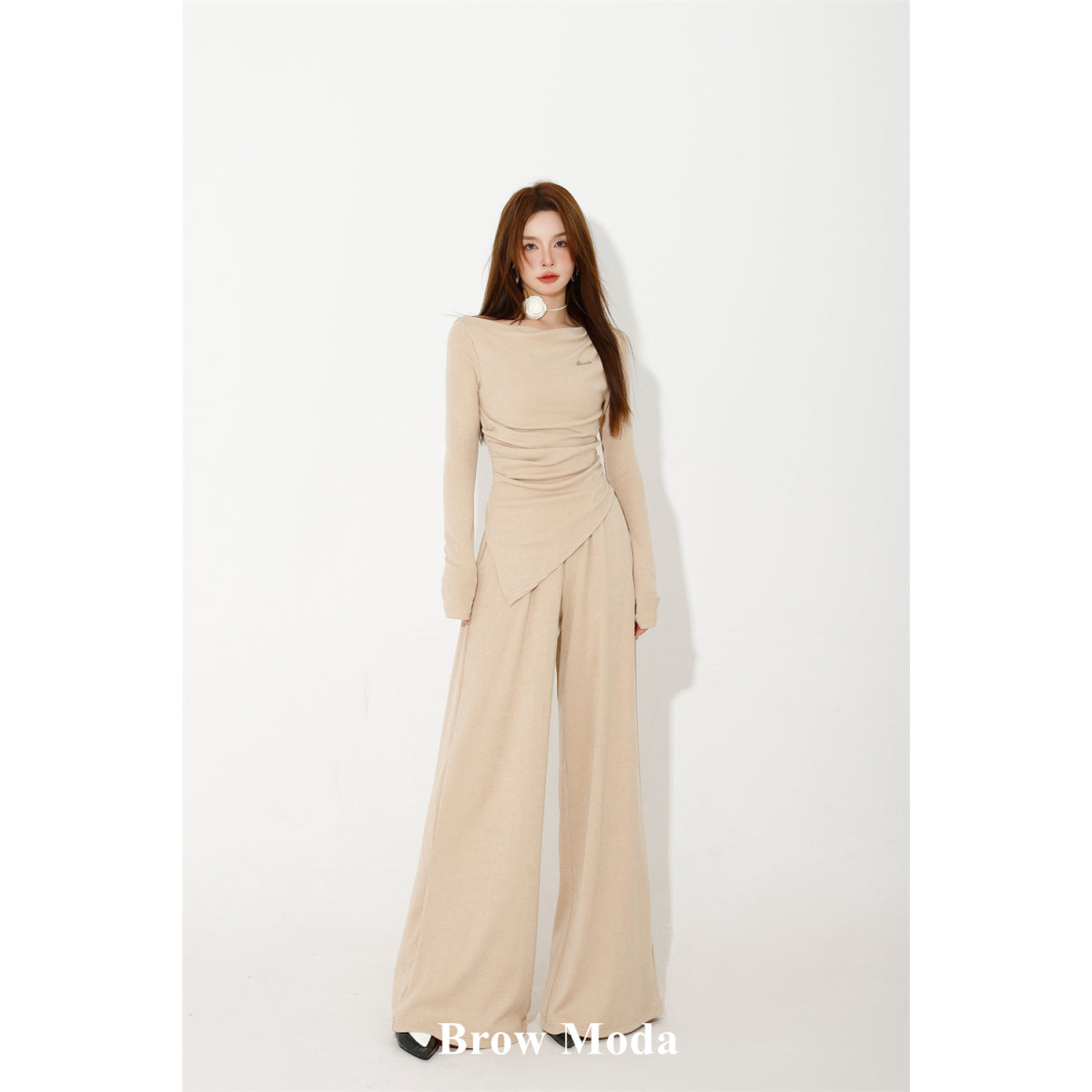 Brow Moda Pleated Irregular Top And Wide-leg Pants Set Khaki