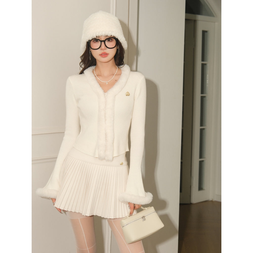 West.Y Fur Collar Bell Sleeve Knit Top White