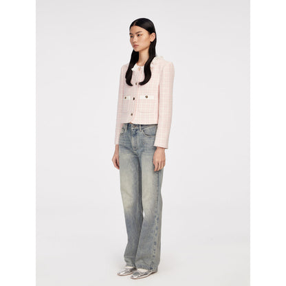 Herlian Ruffle Collar Shoulder Padded Jacket Pink