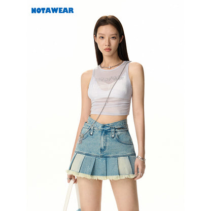 NotAwear Colo Blocked Hollow-Out Denim Pleated Skirt