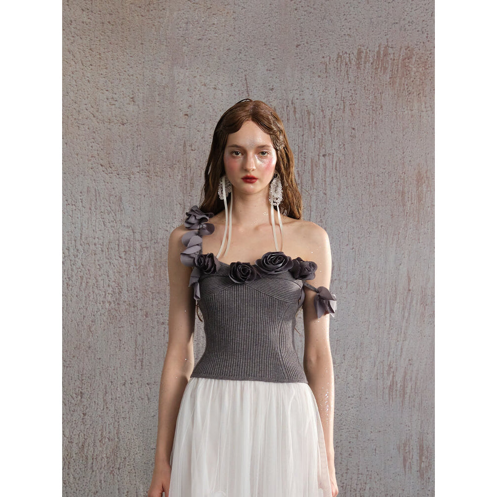 Arte Pura One Shoulder Knitted Floral Top Grey