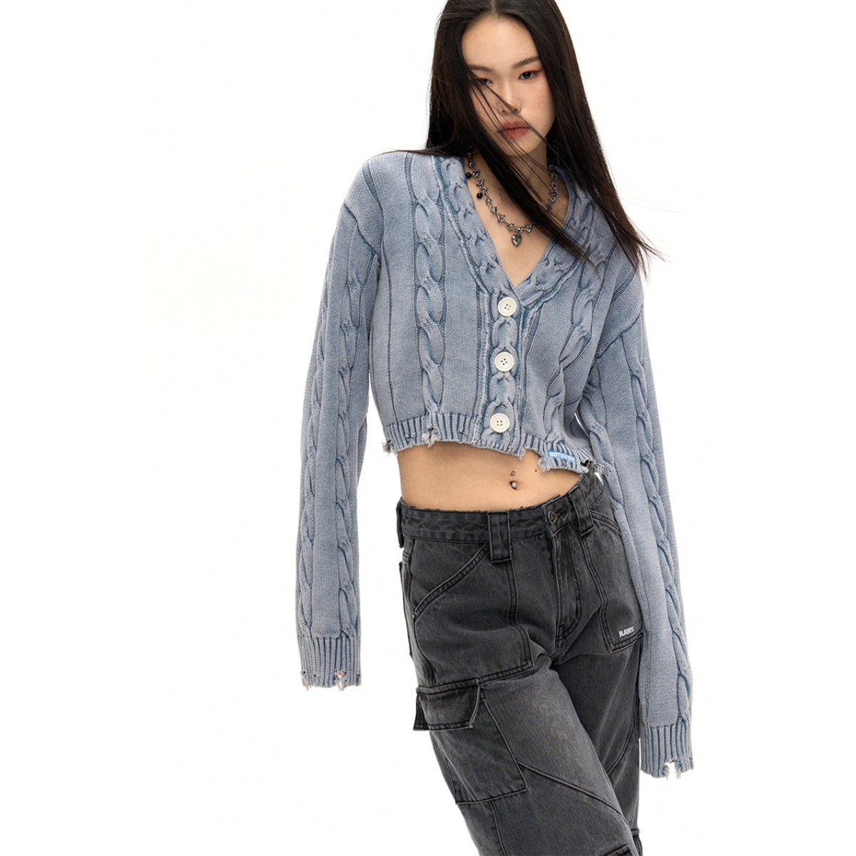 NotAwear Distressed Knitted Cardigan Wash Blue